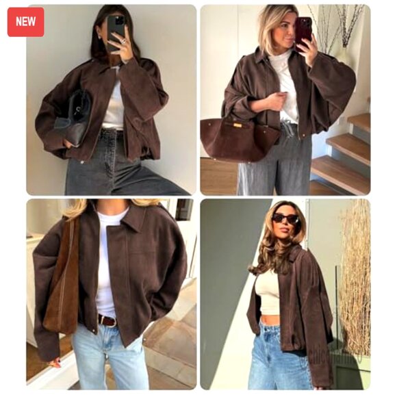 Faux Suede Cropped Jacket Open Front Casual Outerwear Women's Fall Winter - Picture 6 of 7